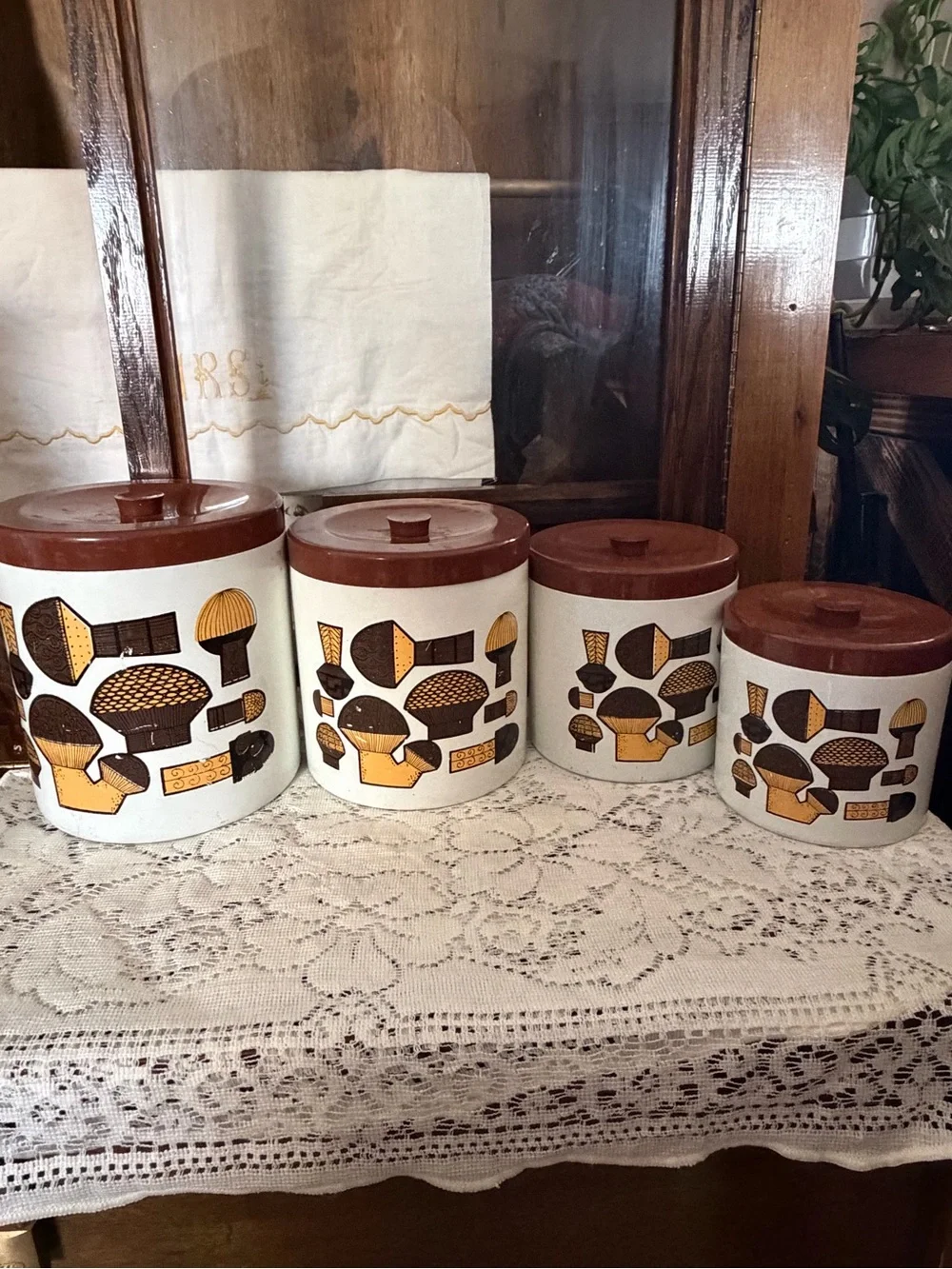 Vintage Mushroom Canister Set - Brown & Mustard Yellow